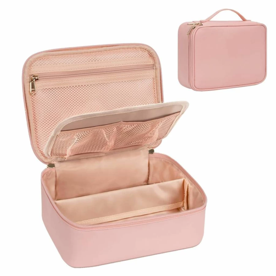 OCHEAL Black Makeup Bag with Divider & Brush Compartments, Portable Cosmetic Organizer for Women & Girls, Travel Toiletry Accessories Case