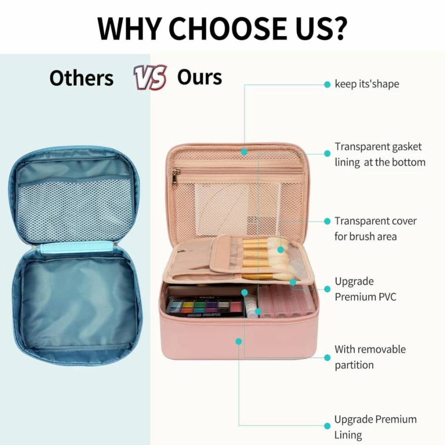 OCHEAL Black Makeup Bag with Divider & Brush Compartments, Portable Cosmetic Organizer for Women & Girls, Travel Toiletry Accessories Case