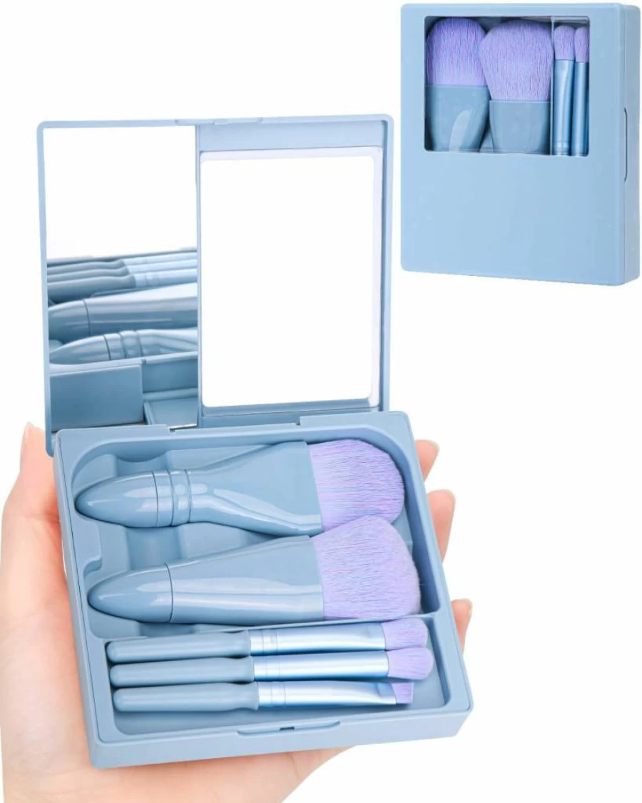 PGRODE 5Pcs Mini Travel Makeup Brushes Set with Hard Case & Mirror - Portable Cosmetic Brush Kit for Women, Girls Gift, Dark Purple Essential On-The-Go Beauty Tools