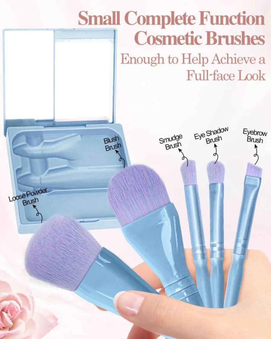 PGRODE 5Pcs Mini Travel Makeup Brushes Set with Hard Case & Mirror - Portable Cosmetic Brush Kit for Women, Girls Gift, Dark Purple Essential On-The-Go Beauty Tools