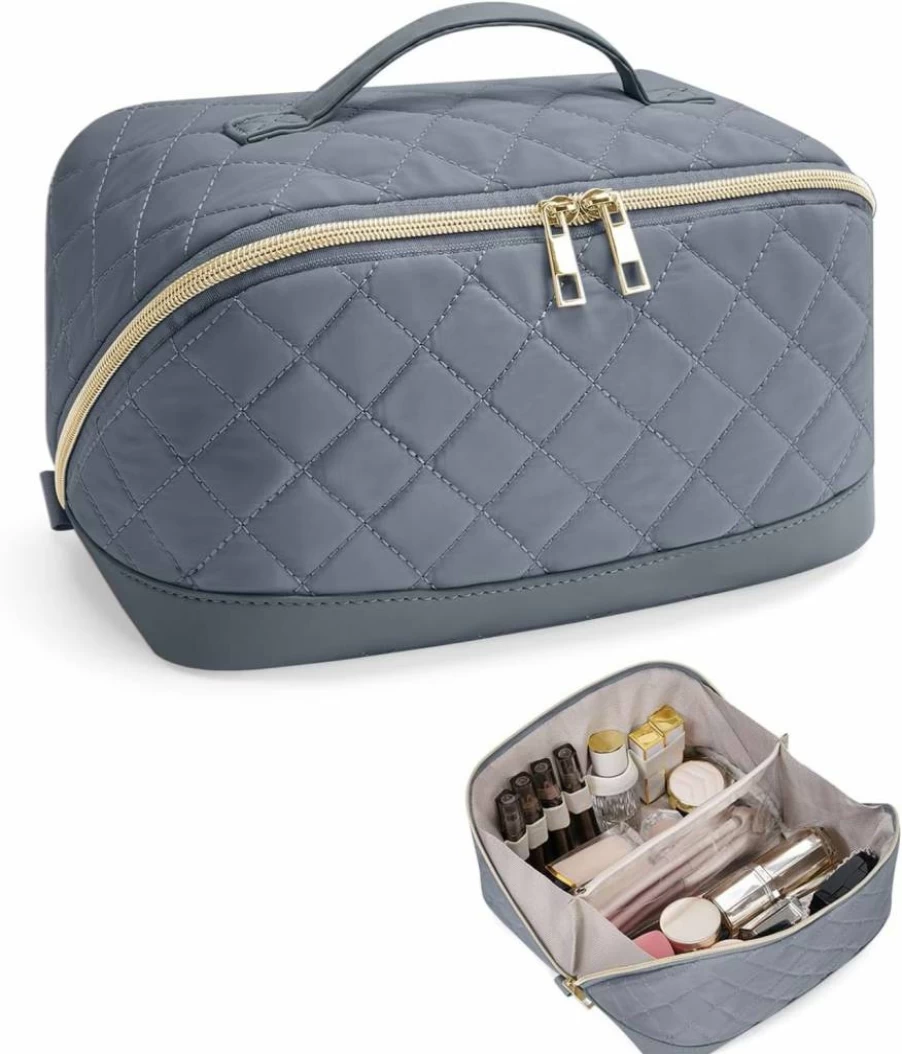 Wandering Nature Quilted Travel Makeup Bag for Women - Large Capacity Cosmetic Organizer with Dividers, Handle, and Patent Pending Design
