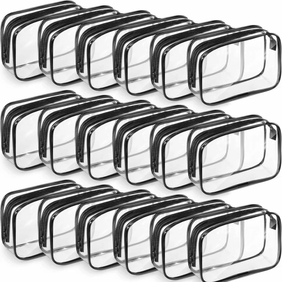Saintrygo 18 Pack Clear PVC Cosmetic Bags with Black Border - 7x5 Inch Zippered Makeup Pouches for Travel, Toiletry & Bathroom Organizing (Women & Men)