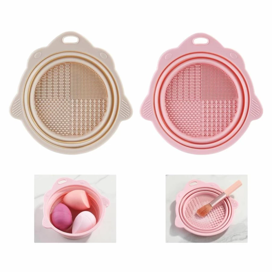 COKUMA Foldable Silicone Makeup Brush Cleaner Bowl - Portable Travel Cosmetic Cleaning Tool for Brushes, Sponge & Puff (Pink, Gray, 2-Pack)