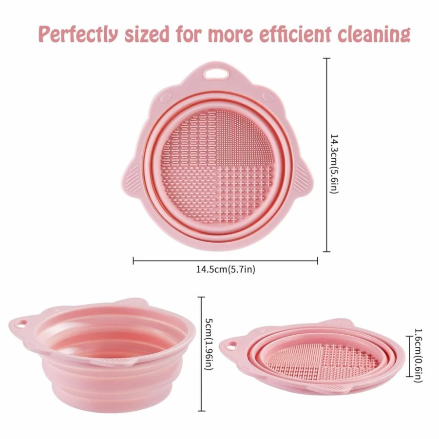 COKUMA Foldable Silicone Makeup Brush Cleaner Bowl - Portable Travel Cosmetic Cleaning Tool for Brushes, Sponge & Puff (Pink, Gray, 2-Pack)