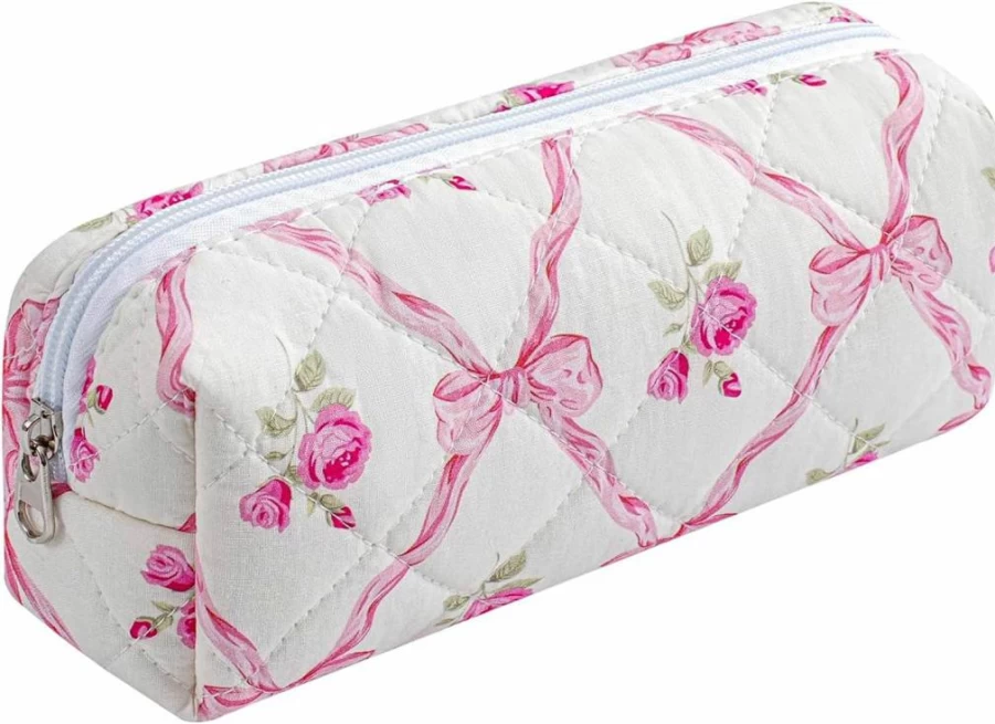 HHQQWZ Floral Makeup Brush Bag for Women - Blue Cotton Travel Cosmetic Pouch with Zipper, Kawaii Quilted Toiletry Organizer Case