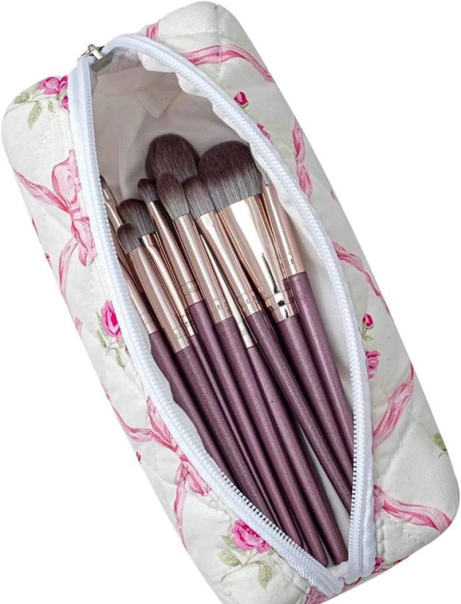 HHQQWZ Floral Makeup Brush Bag for Women - Blue Cotton Travel Cosmetic Pouch with Zipper, Kawaii Quilted Toiletry Organizer Case