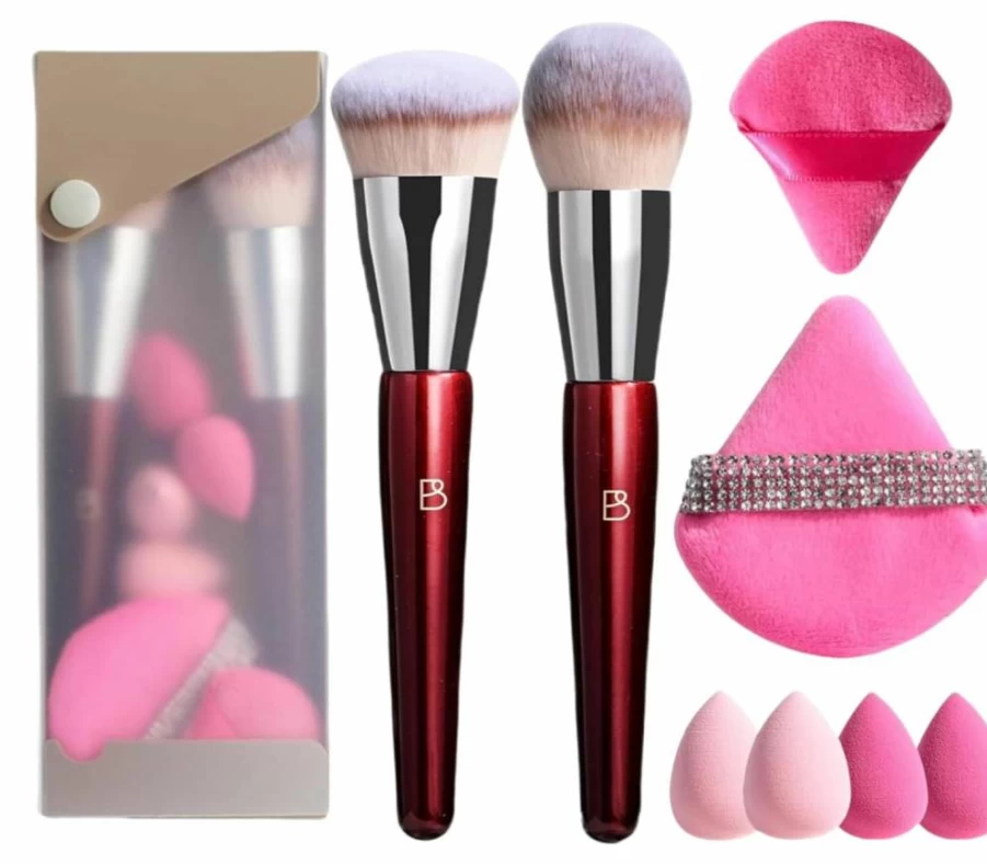 BS-MALL Professional 8-Piece Makeup Brush Set with Foundation Brush, Powder Brush, 4 Mini Sponges & 2 Triangle Puffs, Includes Travel Case & Storage Barrel