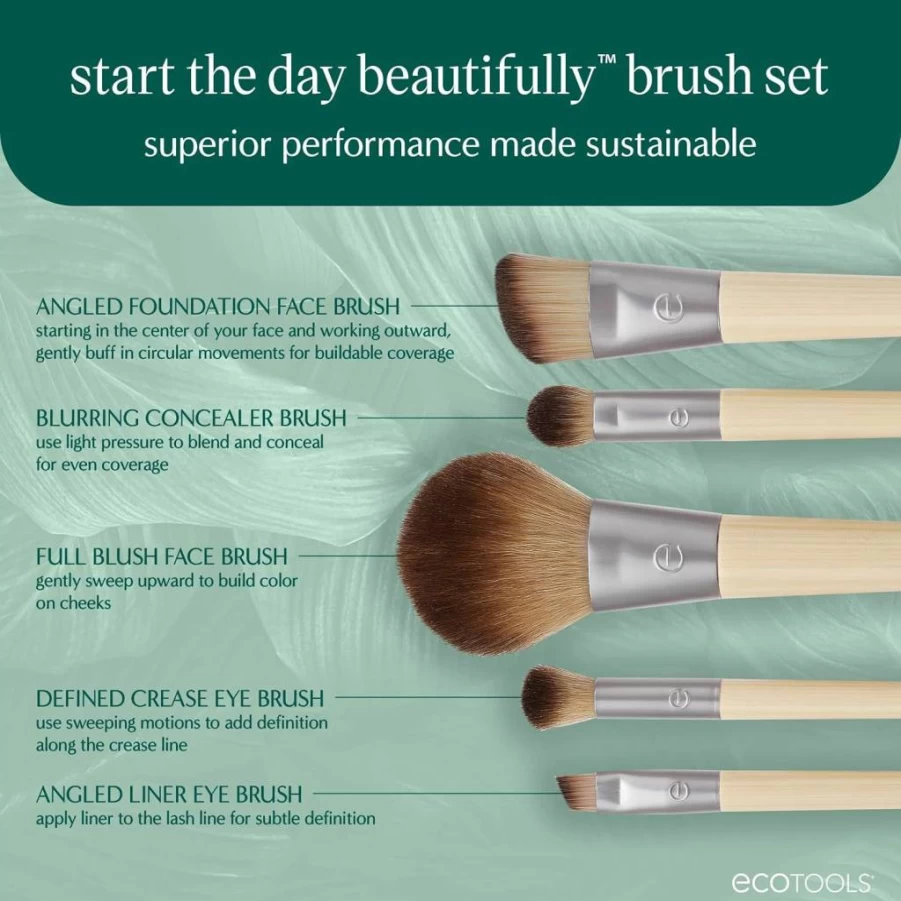 EcoTools 6-Piece Vegan Makeup Brush Set with Travel Case - Eyeshadow, Foundation, Blush & Concealer Brushes for Perfect Beauty Application