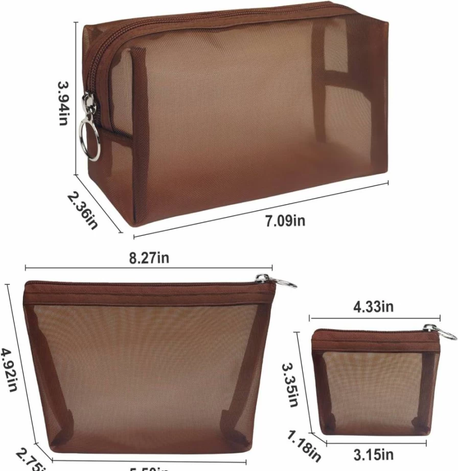 Aosbos 3-Pack Waterproof Mesh Makeup Bags for Travel - Small Cosmetic Pouches with Zipper Closure, Toiletry & Organizer Set