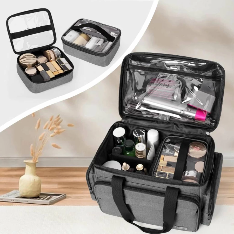 BAFASO Large Waterproof Makeup Organizer Bag with 2 Detachable Pouches & Adjustable Dividers, Travel Cosmetic Storage for Makeup Brushes, Hair Accessories, Black (Patent Pending)