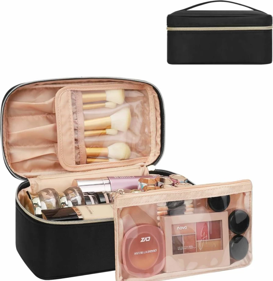 MONSTINA Professional Makeup Brush Organizer Bag - Extra Large Waterproof Portable Pouch for Makeup Brushes, Travel Cosmetic Case, Artist Brush Holder in Beige