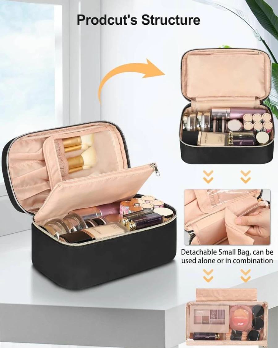 MONSTINA Professional Makeup Brush Organizer Bag - Extra Large Waterproof Portable Pouch for Makeup Brushes, Travel Cosmetic Case, Artist Brush Holder in Beige