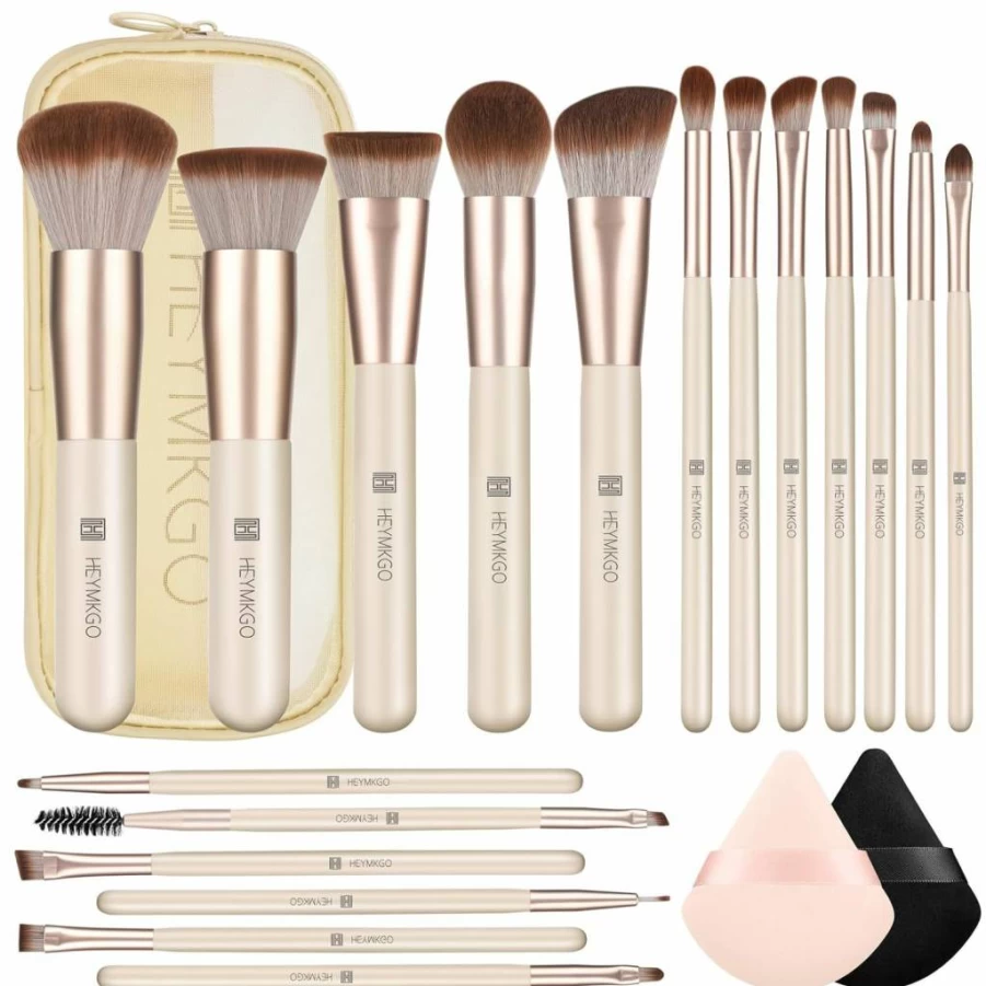 HEYMKGO 18Pcs Professional Makeup Brush Set with Travel Bag - Synthetic Foundation, Blush, Eyeshadow Brushes & Powder Puff Kit