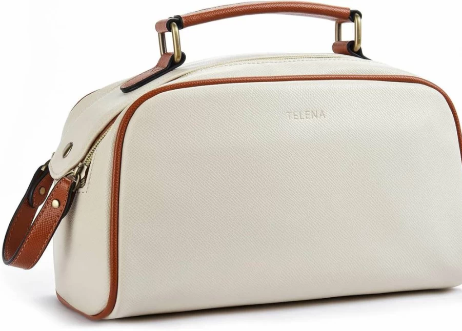 Telena Waterproof PU Leather Travel Toiletry Bag for Women - Large Capacity Cosmetic Organizer, Portable Makeup Bag in Beige & Brown