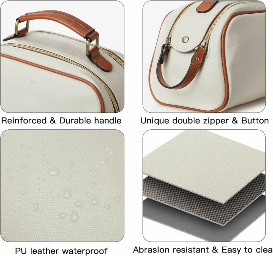 Telena Waterproof PU Leather Travel Toiletry Bag for Women - Large Capacity Cosmetic Organizer, Portable Makeup Bag in Beige & Brown