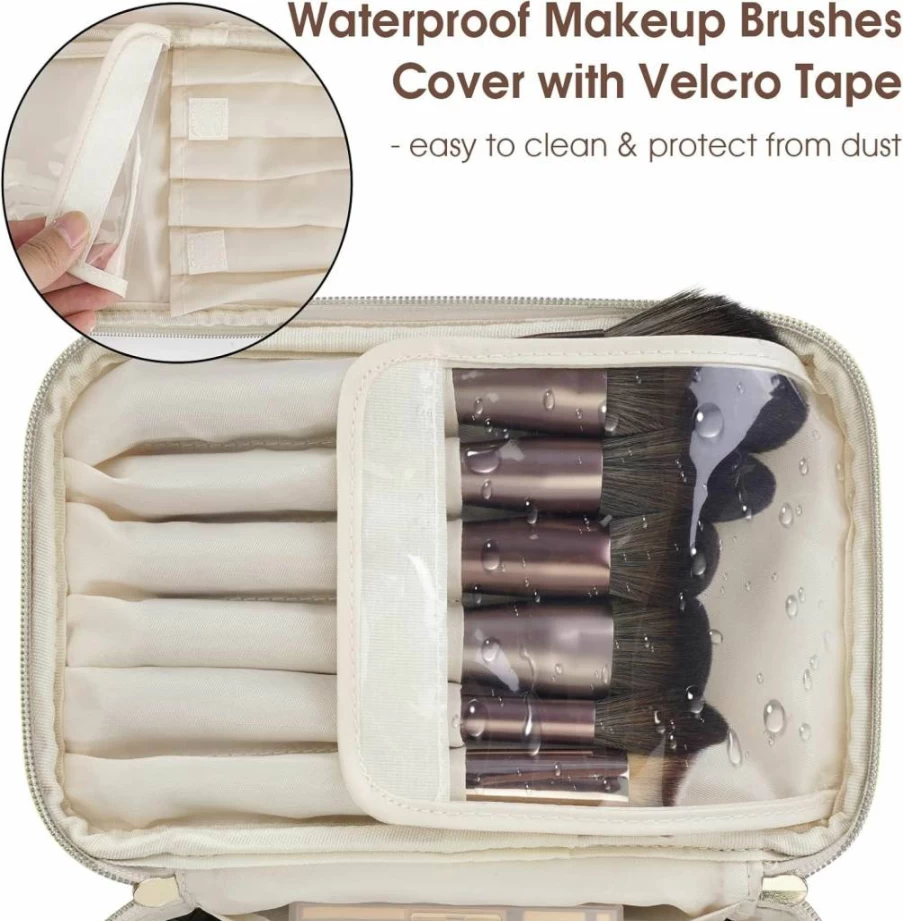 Wandering Nature Vegan Leather Makeup Bag - Travel Cosmetic Organizer with Brush Holder, Sage Green, Women's Toiletry Case, Patent Pending