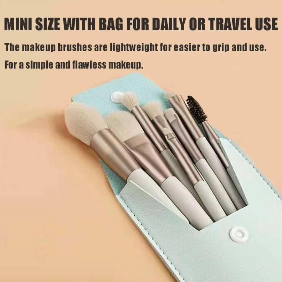Booge 8-Piece Mini Travel Makeup Brush Set with Pouch - Foundation, Blending, Powder, Blush, Concealer & Eye Brushes, Portable Cosmetic Brush Kit (Blue)