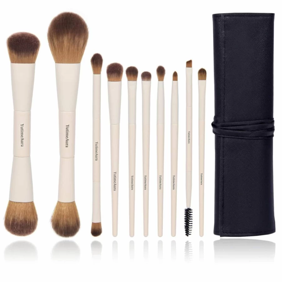 YutimeAura 10-Piece Dual-Ended Makeup Brush Set for Foundation, Concealer, Bronzer, Blush, Eyeshadow & Contouring - Professional Cosmetic Brushes