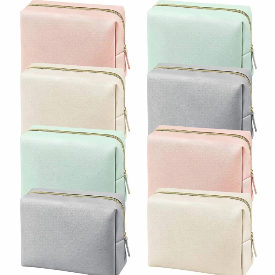 Dunzy 8 Pcs Waterproof PU Leather Makeup Bag Set - Portable Travel Cosmetic Organizer for Women, Beige Medium Toiletry Pouch, Ladies Daily Storage Purse