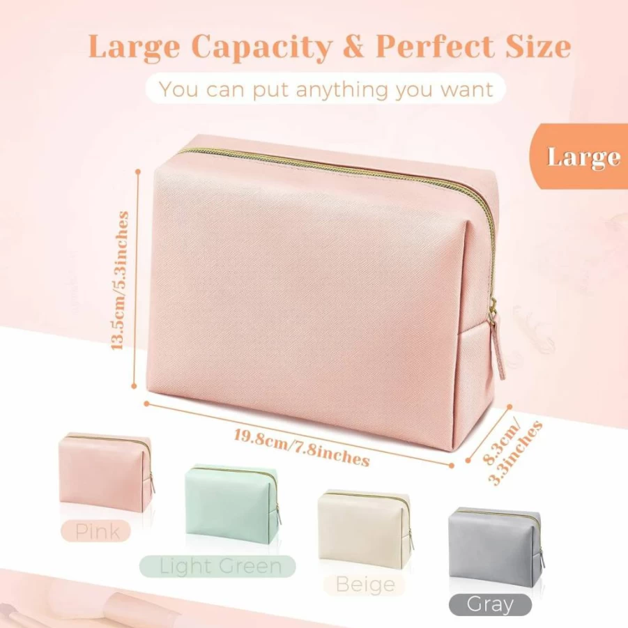 Dunzy 8 Pcs Waterproof PU Leather Makeup Bag Set - Portable Travel Cosmetic Organizer for Women, Beige Medium Toiletry Pouch, Ladies Daily Storage Purse