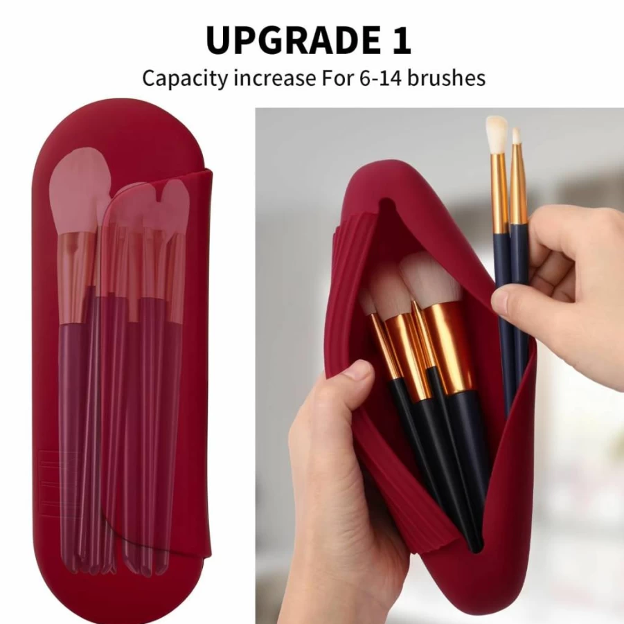 AGIKET Silicone Travel Makeup Brush Holder - Portable Cosmetic Bag with Magnetic Closure, Large Anti-Fall Brush Case for Face Brushes, Walnut Design