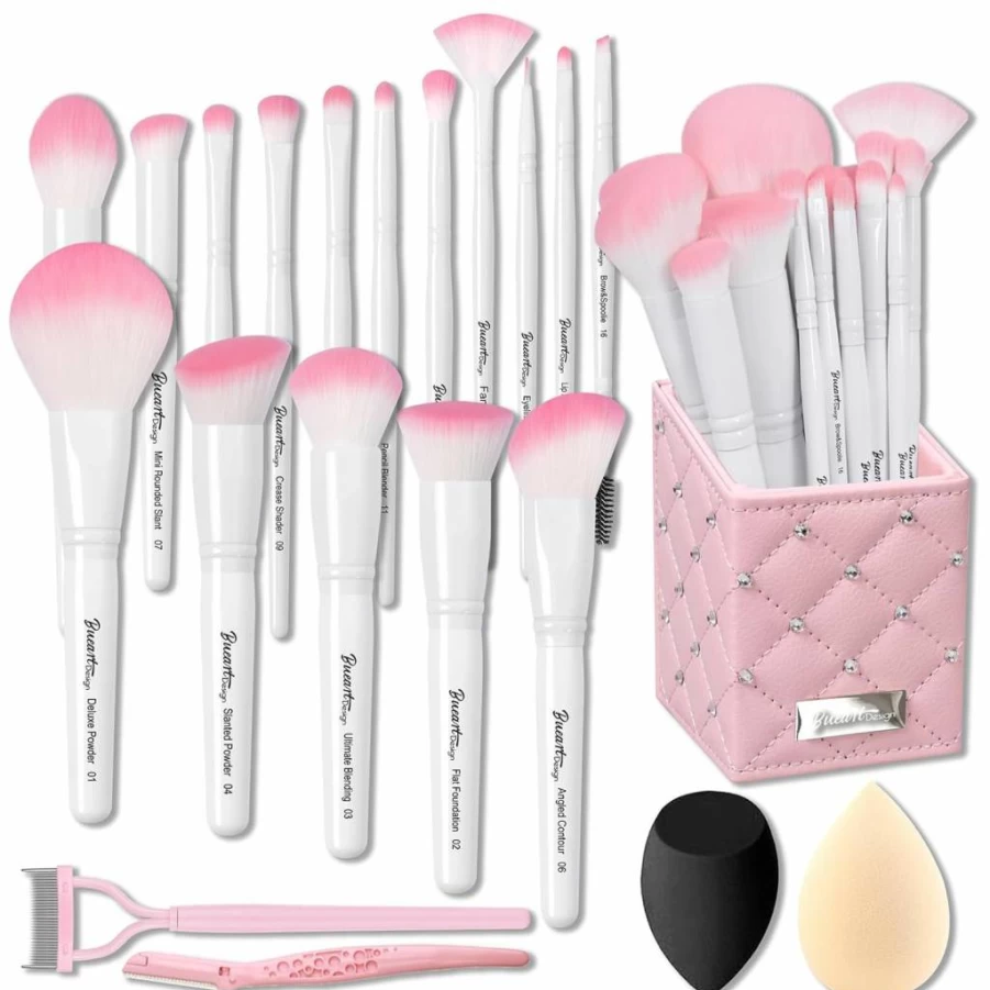 Bueart Design 18-Piece Professional Makeup Brush Set - Fuchsia Pink & Black Travel Brush Kit with Holder for Foundation, Concealer, Blush, Eyeshadow, and Contouring