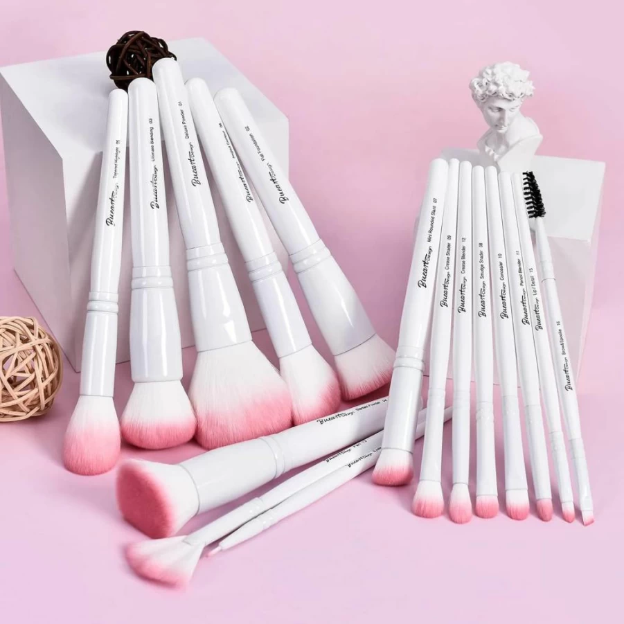 Bueart Design 18-Piece Professional Makeup Brush Set - Fuchsia Pink & Black Travel Brush Kit with Holder for Foundation, Concealer, Blush, Eyeshadow, and Contouring