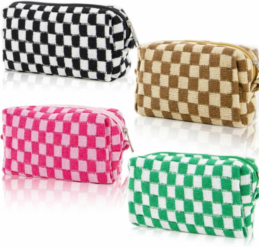 EYNDYN 12 Pcs Checkered Makeup Bags for Women - Large Capacity Cosmetic Pouch, Travel Toiletry Organizer, Pencil Case & Brush Storage Bag, Plaid Design
