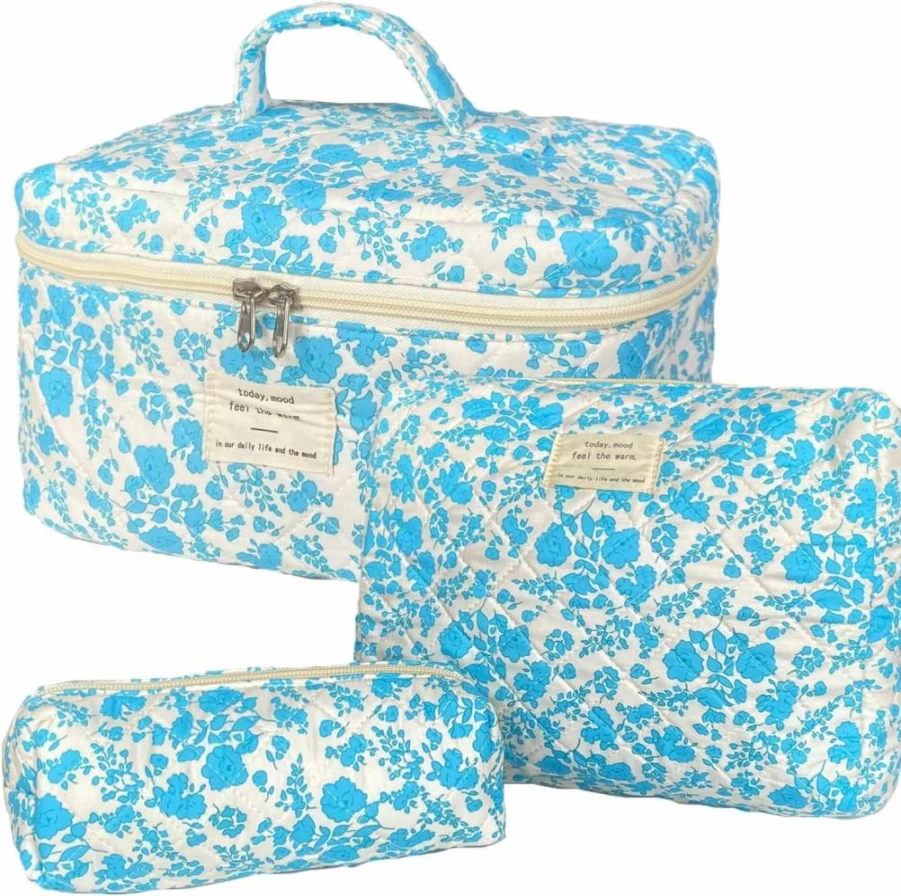 WYJ Large Floral Makeup Bag for Women - Rose Red Quilted Cosmetic Pouch, Soft Cotton Travel Toiletry Bag, Cute Coquette Aesthetic Design