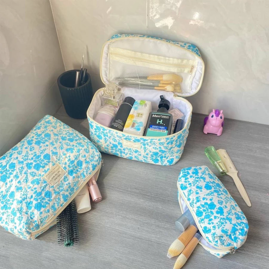WYJ Large Floral Makeup Bag for Women - Rose Red Quilted Cosmetic Pouch, Soft Cotton Travel Toiletry Bag, Cute Coquette Aesthetic Design