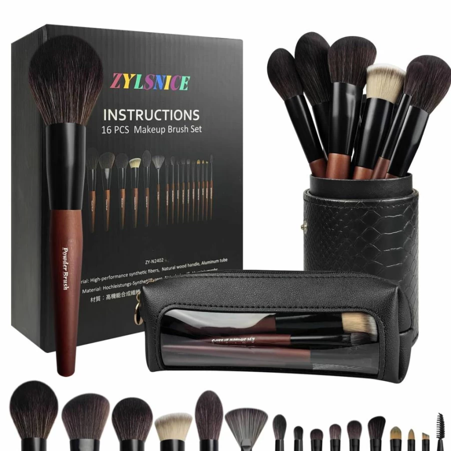 Zylsnice 16-Piece Professional Makeup Brush Set with Wooden Handle, Travel-Friendly Synthetic Fiber Brush Kit Includes Case & Holder - Cruelty-Free