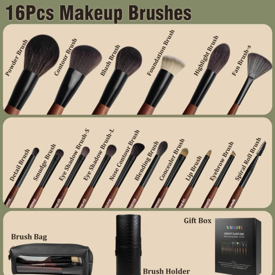 Zylsnice 16-Piece Professional Makeup Brush Set with Wooden Handle, Travel-Friendly Synthetic Fiber Brush Kit Includes Case & Holder - Cruelty-Free
