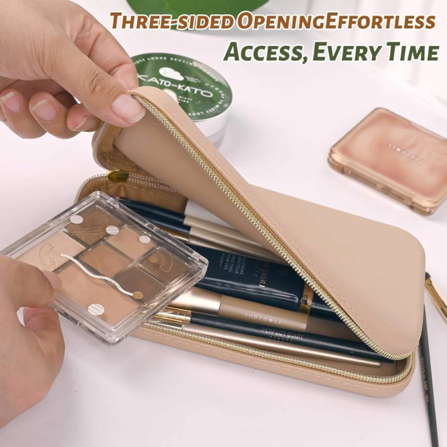 Sakolla Silicone Makeup Brush Holder with Zipper - Washable Travel Organizer Pouch for Cosmetics Brushes, Daily Essentials, Khaki