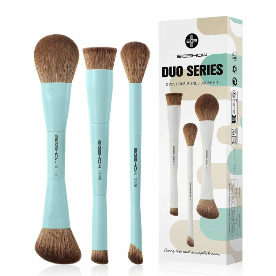 EIGSHOW 3Pcs Double Ended Makeup Brush Set for Foundation, Contour, Highlight, Concealer - Travel Friendly Beige Makeup Brushes Gift Set