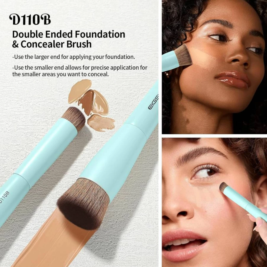 EIGSHOW 3Pcs Double Ended Makeup Brush Set for Foundation, Contour, Highlight, Concealer - Travel Friendly Beige Makeup Brushes Gift Set