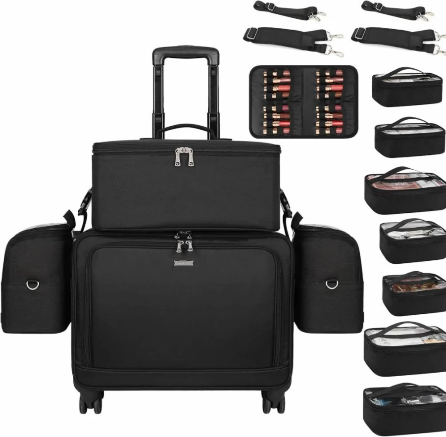 TANTO Professional 4-in-1 Rolling Makeup Case with 360° Swivel Wheels, Adjustable Dividers & Extra Large Storage - Travel Cosmetic Organizer for Makeup Artists