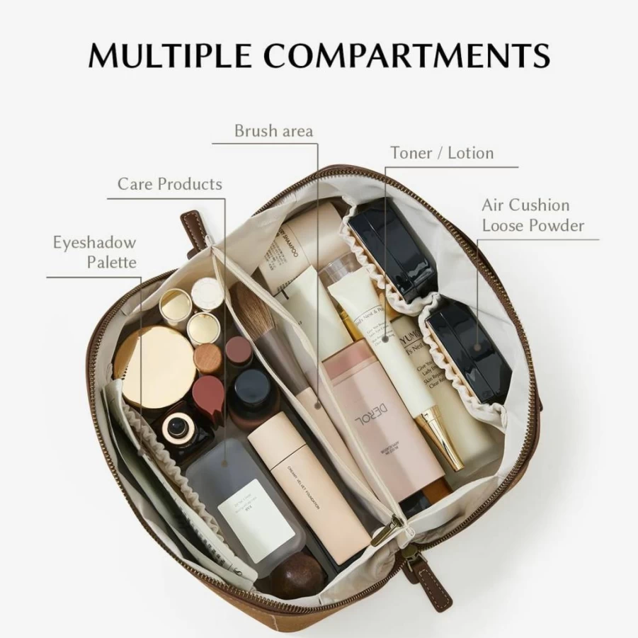 EACHY Large Makeup Bag for Women - 180 Wide Open Travel Cosmetic Organizer with Divider, Handle, Portable Toiletry Bag