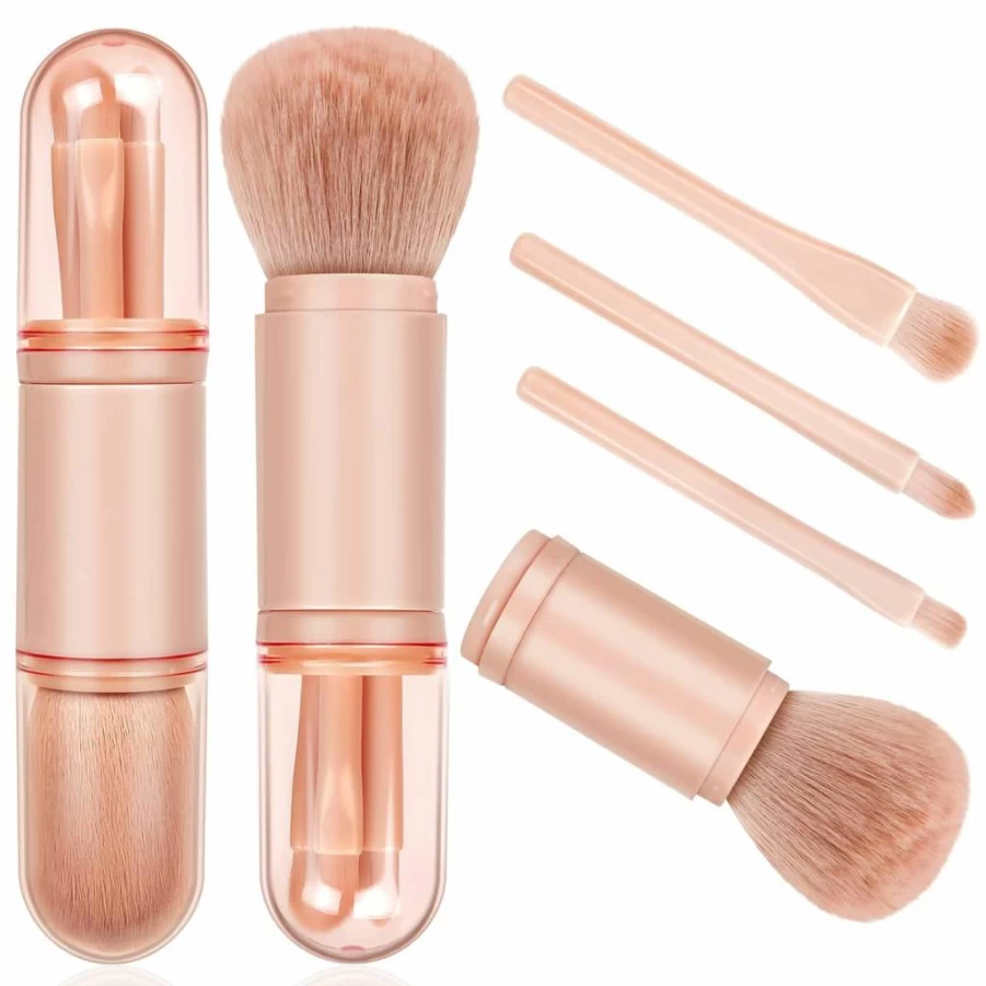Blavvennt 4-in-1 Retractable Travel Makeup Brush Set - Mini Professional Foundation, Blending, Powder & Eyeshadow Brushes for Women