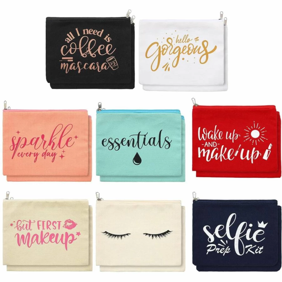 Weewooday 16 Pack Glitter Makeup Bags Bulk - Colorful Canvas Cosmetic Pouches with Zippers, Inspirational Travel Toiletry Bags for Women