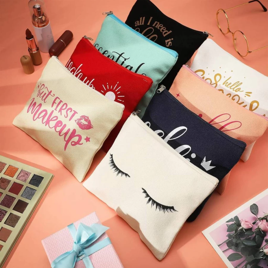 Weewooday 16 Pack Glitter Makeup Bags Bulk - Colorful Canvas Cosmetic Pouches with Zippers, Inspirational Travel Toiletry Bags for Women
