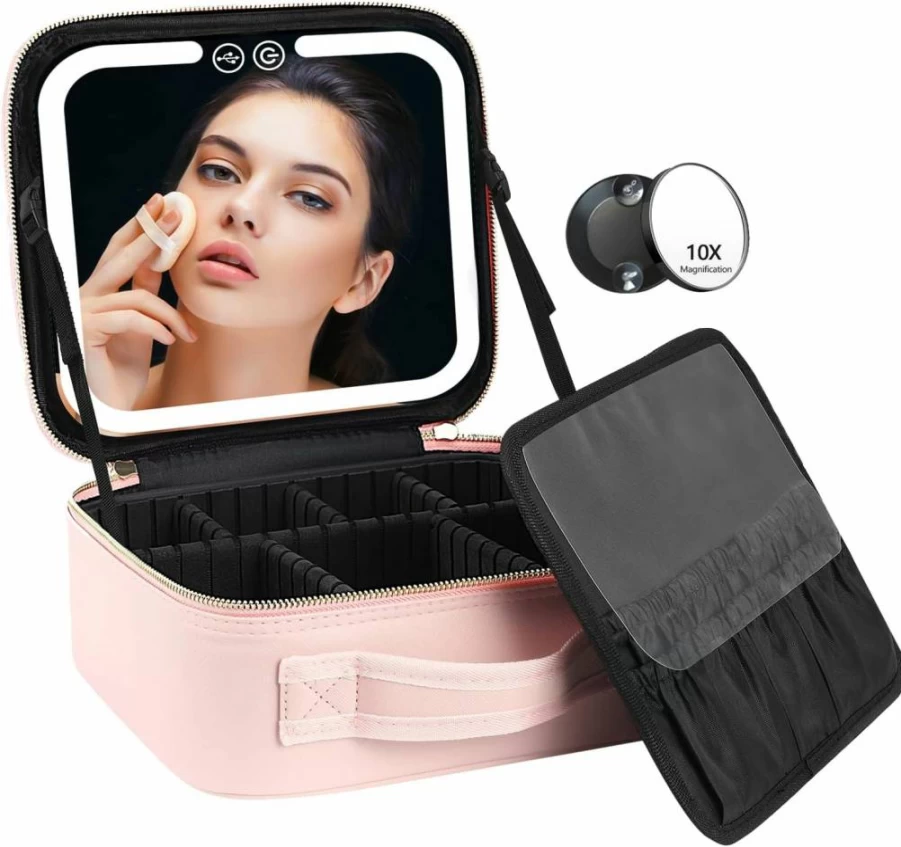 VANMRIOR LED Lighted Makeup Case with Mirror - Rechargeable Travel Cosmetic Organizer for Women, 3 Color Settings, Beauty Tools Storage Box