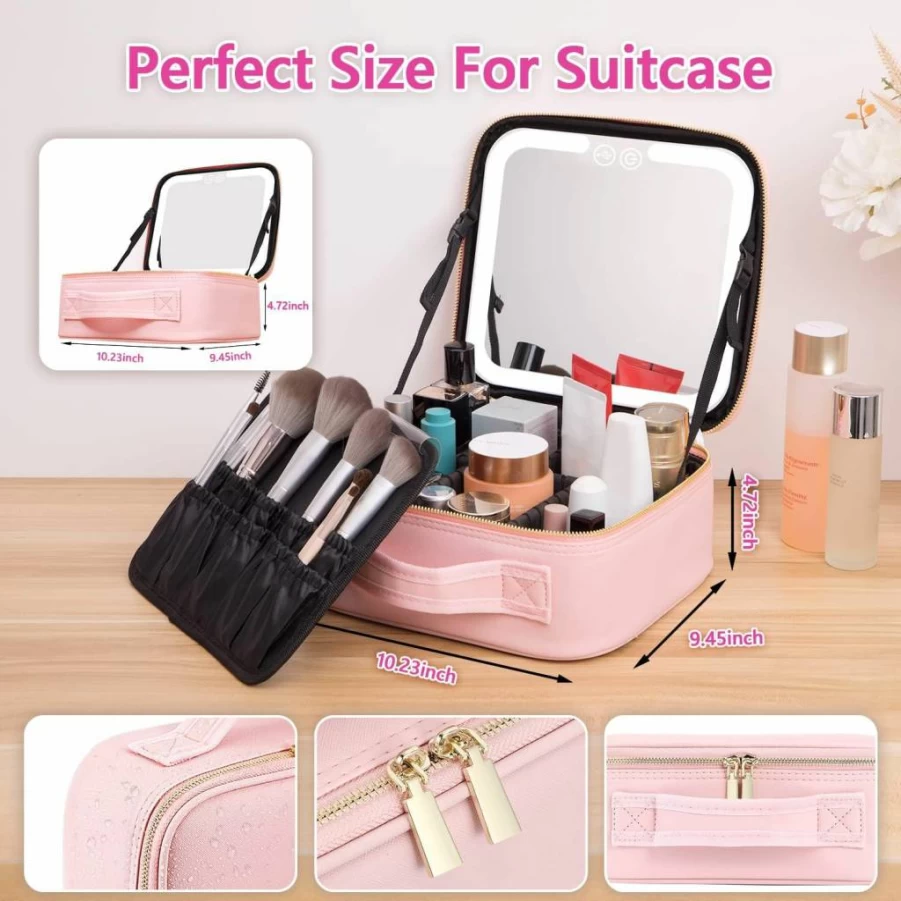 VANMRIOR LED Lighted Makeup Case with Mirror - Rechargeable Travel Cosmetic Organizer for Women, 3 Color Settings, Beauty Tools Storage Box