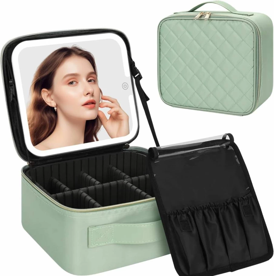 Chomeiu LED Lighted Makeup Bag with Adjustable Mirror, 3-Color Lighting, Brush Holder & Dividers – Portable Travel Cosmetic Organizer for Women & Makeup Artists