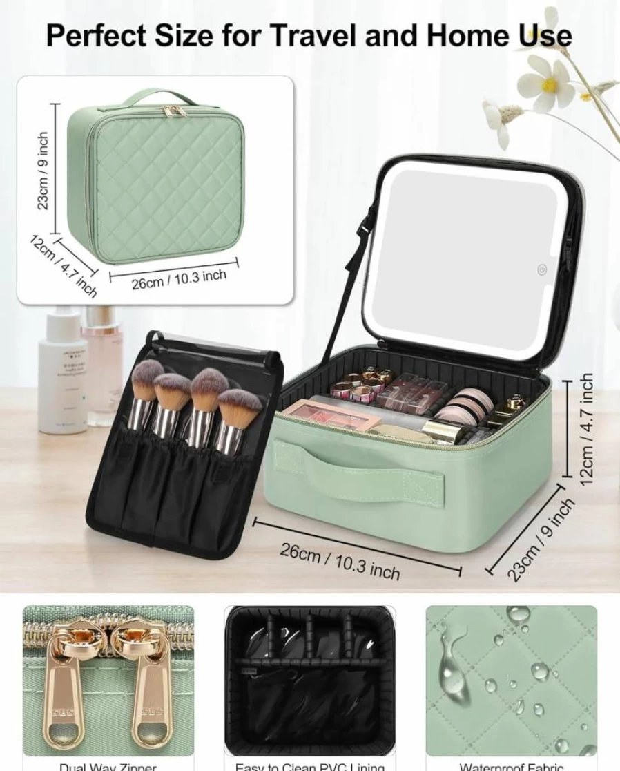 Chomeiu LED Lighted Makeup Bag with Adjustable Mirror, 3-Color Lighting, Brush Holder & Dividers – Portable Travel Cosmetic Organizer for Women & Makeup Artists