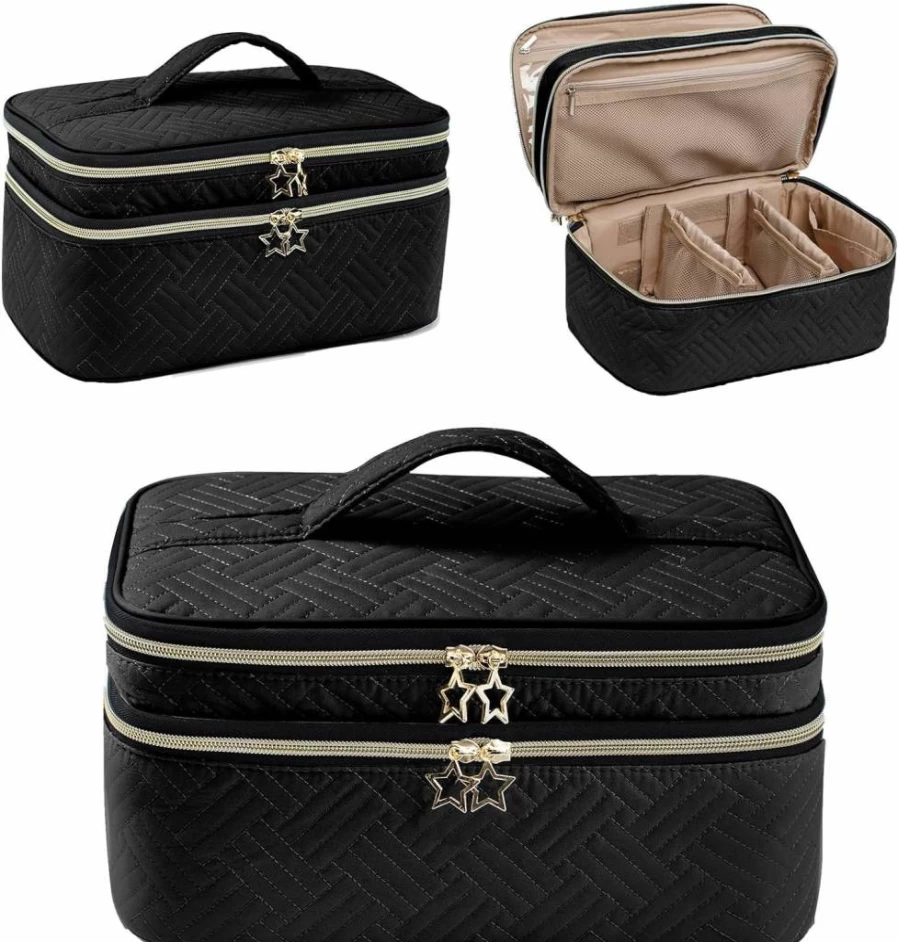 AMOIGEE Professional Makeup Train Case - Double Layer Travel Cosmetic Organizer for Brushes, Palettes, Bottles & Beauty Tools