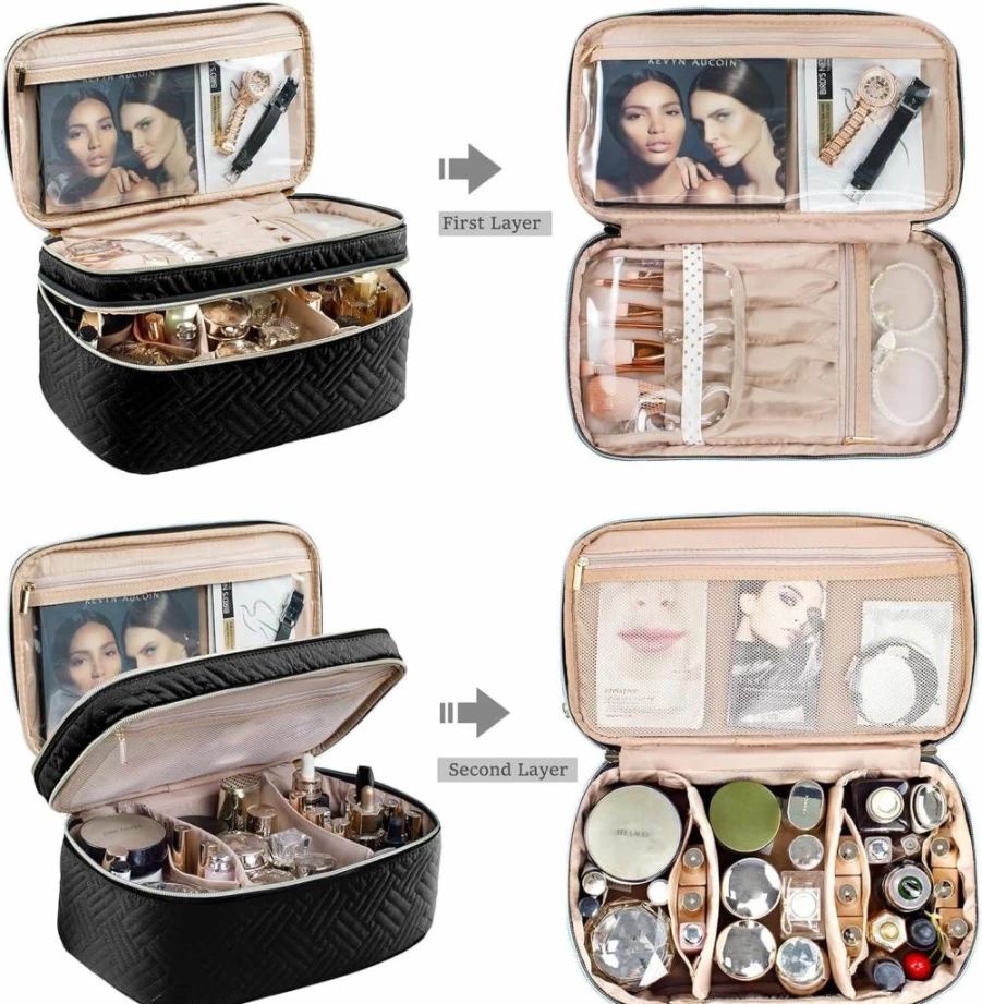 AMOIGEE Professional Makeup Train Case - Double Layer Travel Cosmetic Organizer for Brushes, Palettes, Bottles & Beauty Tools