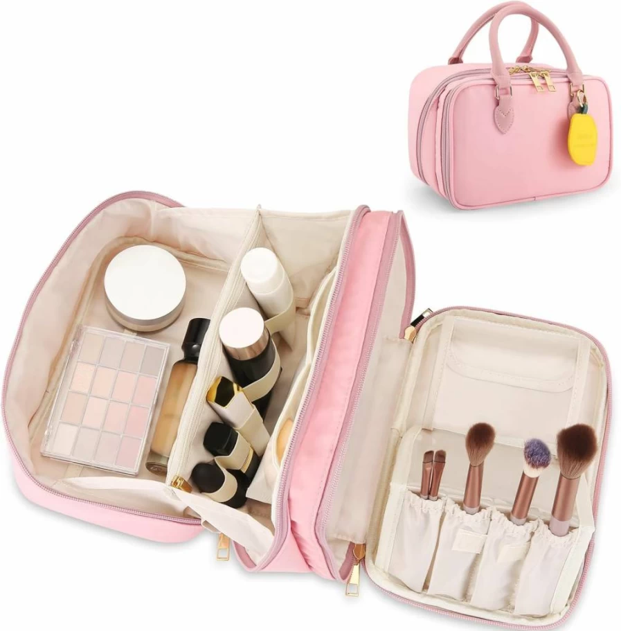 HauteHues Large Travel Makeup Bag - Waterproof Cosmetic Organizer with Free-Standing Brush Holder, Portable Open Flat Toiletry Pouch for Women, Black