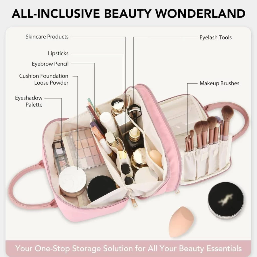 HauteHues Large Travel Makeup Bag - Waterproof Cosmetic Organizer with Free-Standing Brush Holder, Portable Open Flat Toiletry Pouch for Women, Black