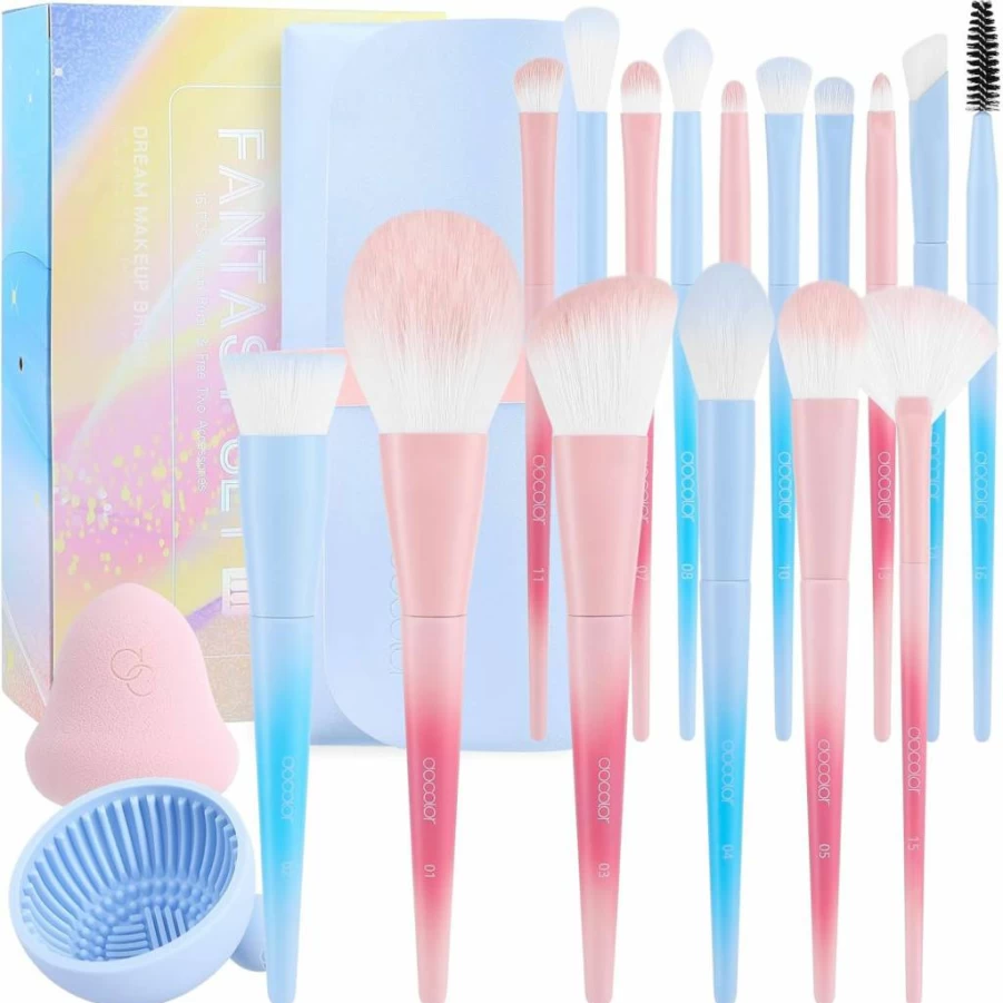 Docolor 15Pcs Professional Makeup Brush Set - Neon Green Synthetic Eyeshadow, Blending, Concealer, Eyebrow & Eyeliner Brushes for Perfect Eye Makeup