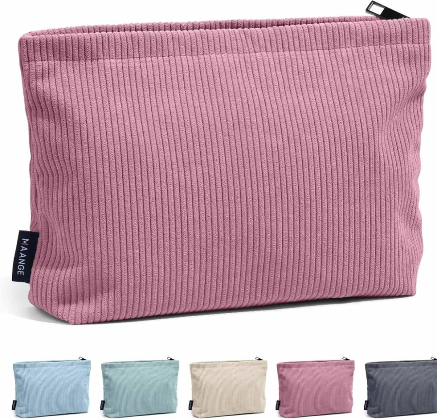 MAANGE Green Corduroy Makeup Bag for Women - Portable Travel Cosmetic Pouch with Zipper, Small Versatile Purse Organizer